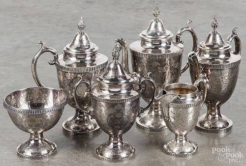 Six-piece silver plated tea service, 19th/20th c., to include two teapots, a coffee pot, a creamer