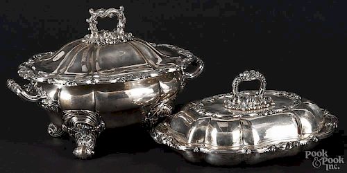 Two William IV Old Sheffield Plate covered entree dishes, 19th c., unmarked, footed dish - 10 1/2'' h.