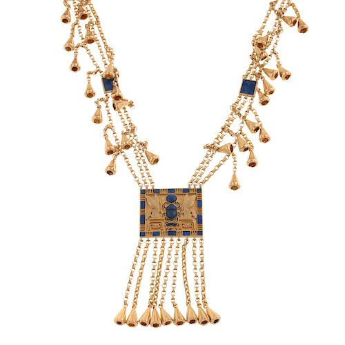 A Heavy Lapis Inlaid Fringe Necklace in 18K