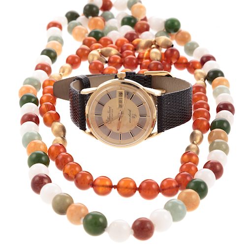 A 14K Lucien Piccard Watch & Two Strands of Beads