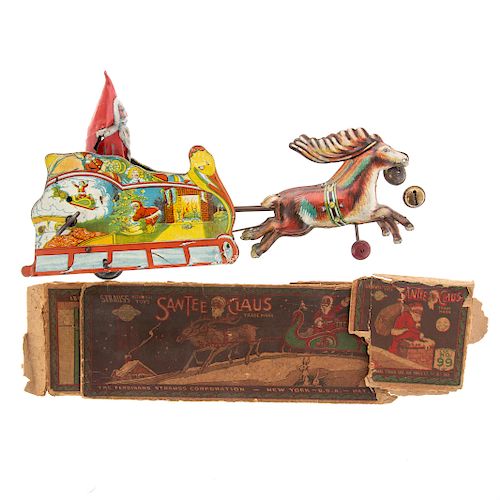 Strauss Lithographed  Santee Claus Windup Sleigh