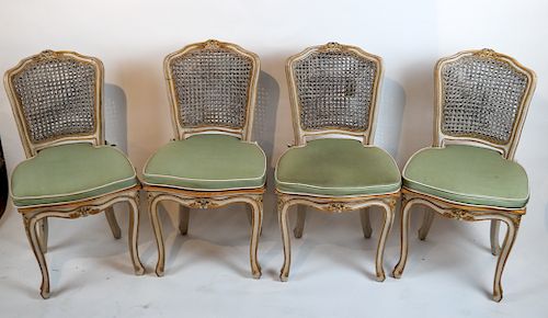 Set of 4 Creme Gilt Caned Side Chairs
