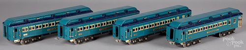 Four Lionel MTH Blue Comet train cars