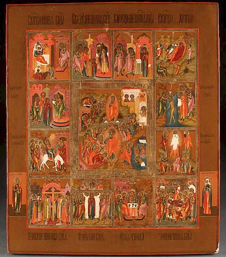 LARGE RUSSIAN ICON, RESURRECTION AND FEASTS
