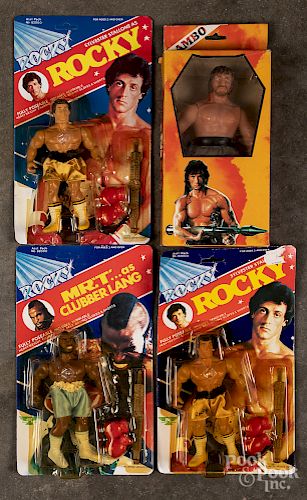 Two 1983 PAC Rocky and a Mr. T action figures, etc.