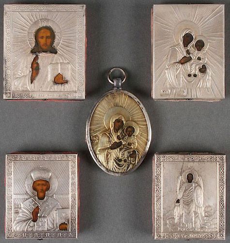 5 RUSSIAN ICONS, WITH SILVER OKLADS, CIRCA 1900