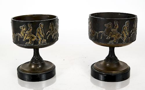 Pair Bronze Roman Relief Urns