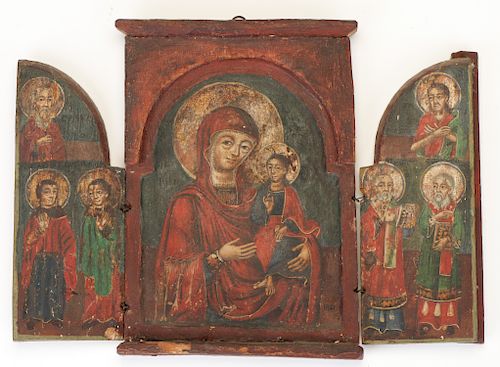 Greek Triptych Icon of the Virgin Portaitissa with Attendant Saints, 19th Century