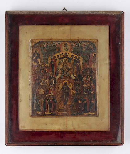 19th C. Russian Synodal Icon of the Theotokos Enthroned and Attendant Saints. Estate of 
