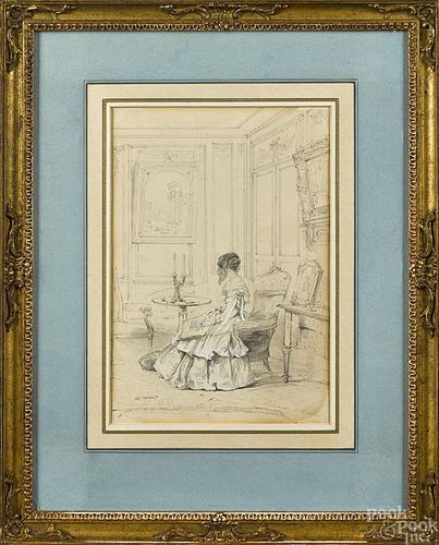 French watercolor and pencil interior scene with