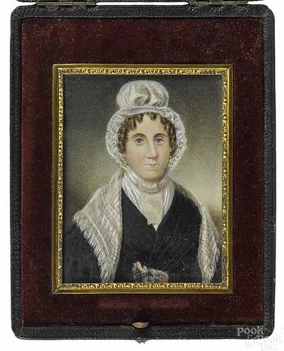 Miniature watercolor portrait of a woman, mid 19t
