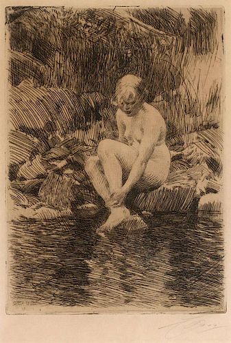 ANDERS ZORN ETCHING, PENCIL SIGNED, NUDE