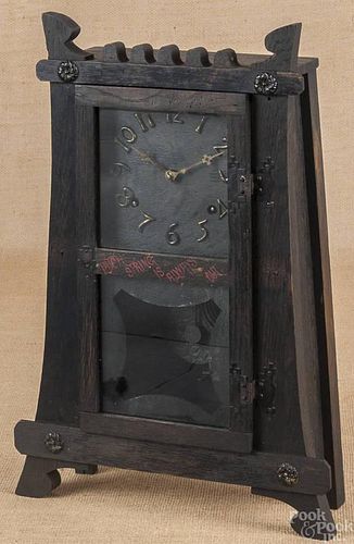 Arts and Crafts oak mantel clock, 19'' h.
