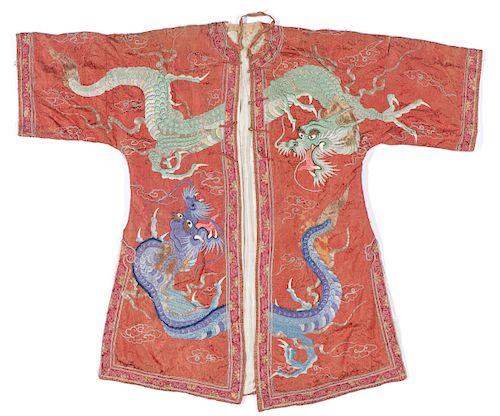 Antique Chinese Dragon Embroidered Silk Robe
