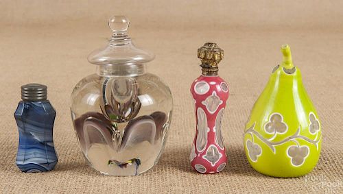 Four glass scent bottles, to include two overlay
