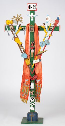 Ecuadorian Carved Wood & Painted Cross with Embroidered Stola
