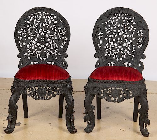 Pair of Antique Japanese Carved Rosewood Side Chairs