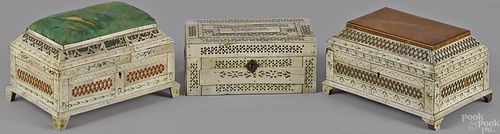 Three carved bone dresser boxes, ca. 1900, larges