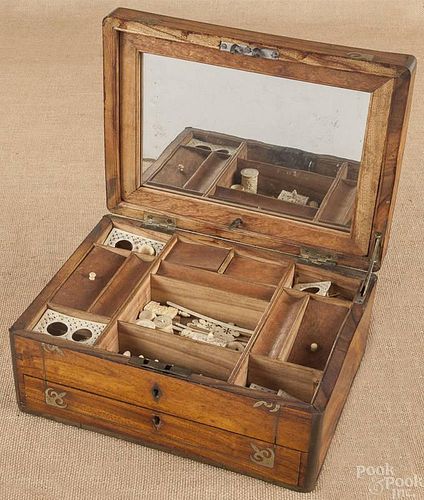 Brass inlaid sewing box, 19th c., with bone acces