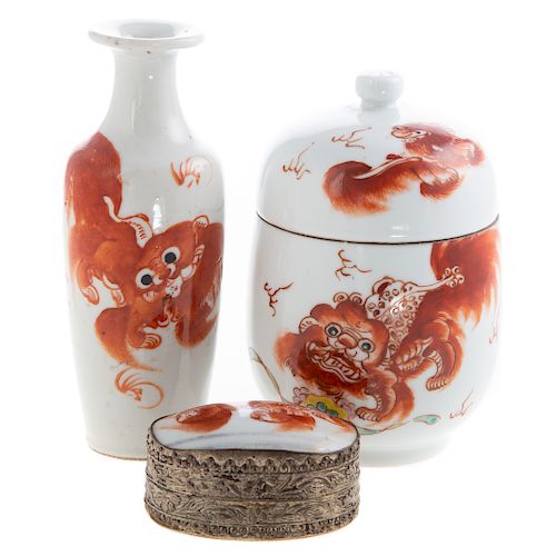 Three Chinese Export Foo Dog Porcelain Articles