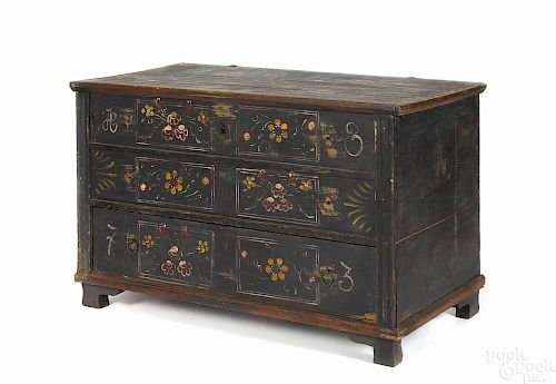 European painted pine blanket chest, dated 1873