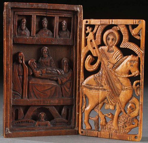 PAIR CARVED ICONS, 17TH/18TH CENTURY