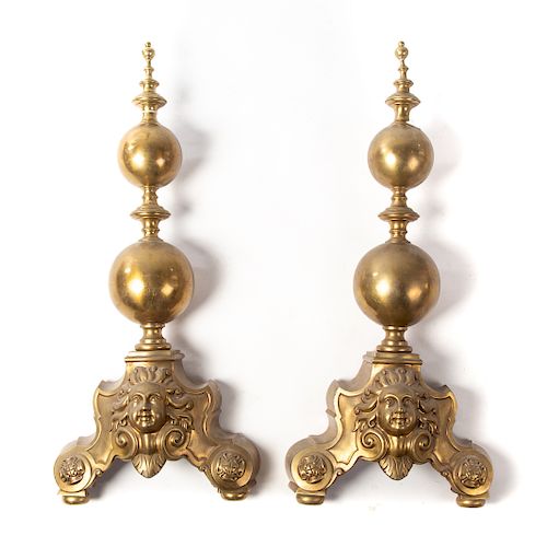 Pair of Massive Baroque Style Brass Andirons