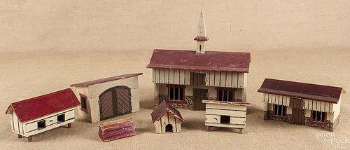 Seven-piece painted miniature farm building set,
