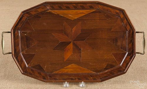 Parquetry inlaid tray, late 19th c., with brass h