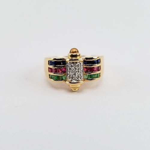 14K Ruby, Sapphire, Emerald & Diamond Ring