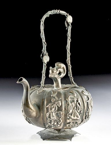 Playful / Early 20th C. Chinese Silver Teapot, Pumpkin
