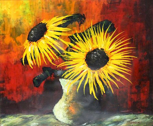 J.Marque. Signed Oil On Paper Sunflower .