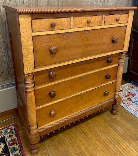 American Tiger Maple, Cherry and Mahogany Tall Chest of Drawers, circa 1840