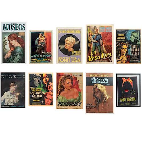 Lote de 10 posters de exposiciones y películas. Siglo XX. Consta de: "Il Disprezzo", "La Rosa Nera", "Un Solo Grande Amore", otros.