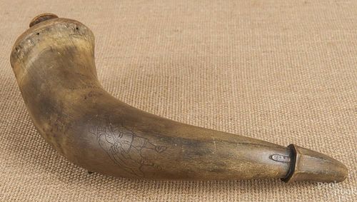 Engraved powder horn, 20th c., inscribed with a m
