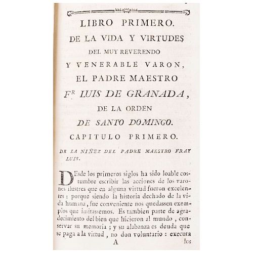 LOTE DE LIBRO: Vida y Virtudes del Venerable Varón el Padre Maestro Fr. Luis de Granada de la Orden de Santo Domingo.  Madrid: 1789.