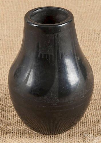 San Ildefonso black on black ceramic jar, ca. 194