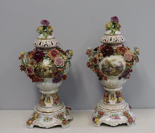 Pair Of Large Dresden Porcelain lidded Urns On