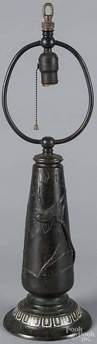 Bronze and cloisonné lamp base, early 20th c., with a relief bird on a branch, 25 1/2'' h.