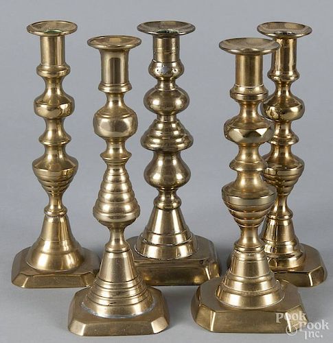 Five English brass beehive candlesticks, 19th c., largest - 10'' h.