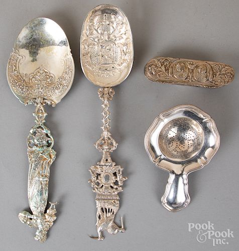 Two elaborate Continental silver spoons, etc.