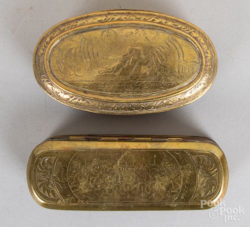 Two Dutch engraved brass and copper snuff boxes
