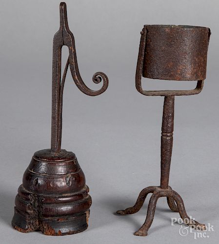 Wrought iron fat lamp and rush light holder