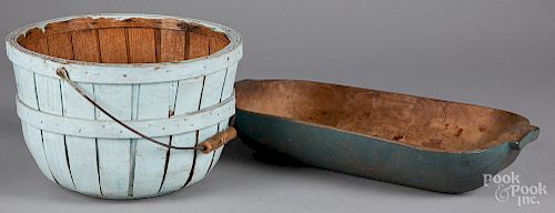 Blue painted wood trencher and basket