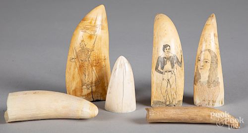Three scrimshaw decorated whale teeth, etc.