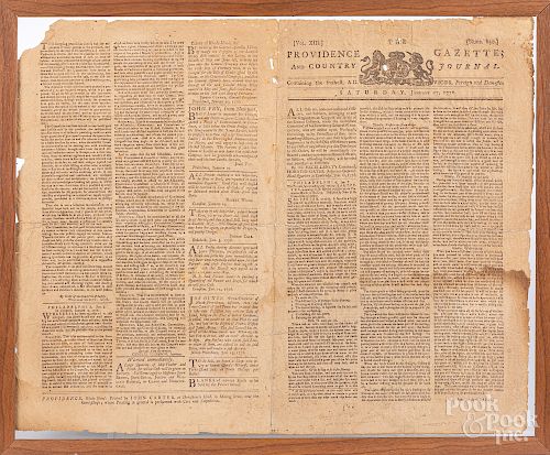 Framed copy of the Providence Gazette 1776