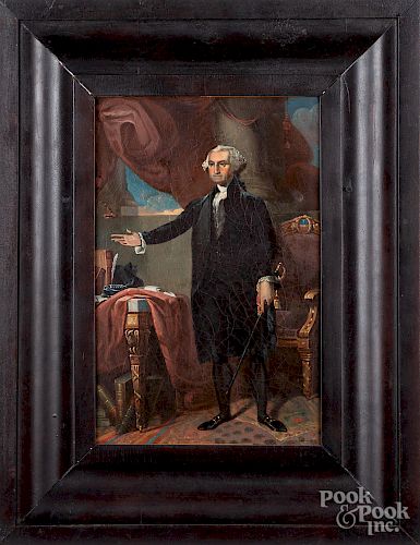 Oil on canvas interior scene with Washington