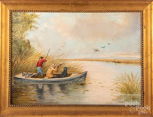 Oil on canvas duck hunting, signed Drum '11