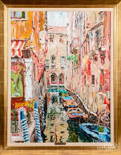 Marco Sassone oil on canvas of a Venetian canal