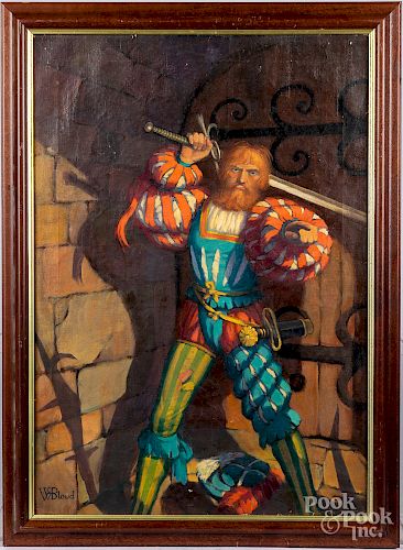 Oil on canvas illustration of a man with a sword